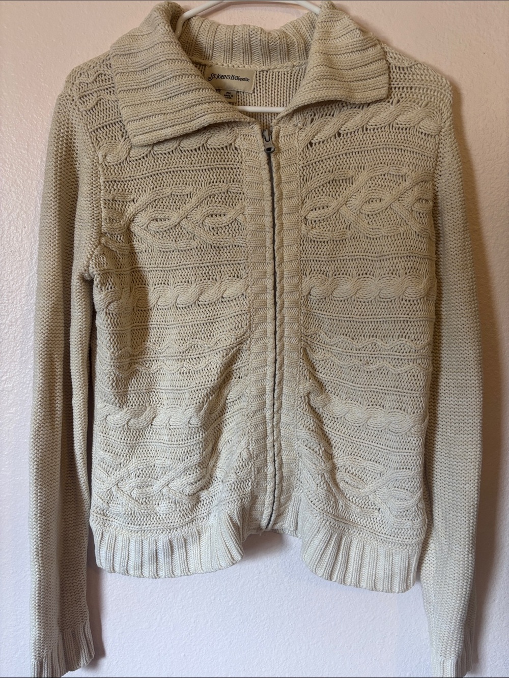 St. John's Bay Womanβs Cream White Cable Zip-Front Cardigan, Size PM